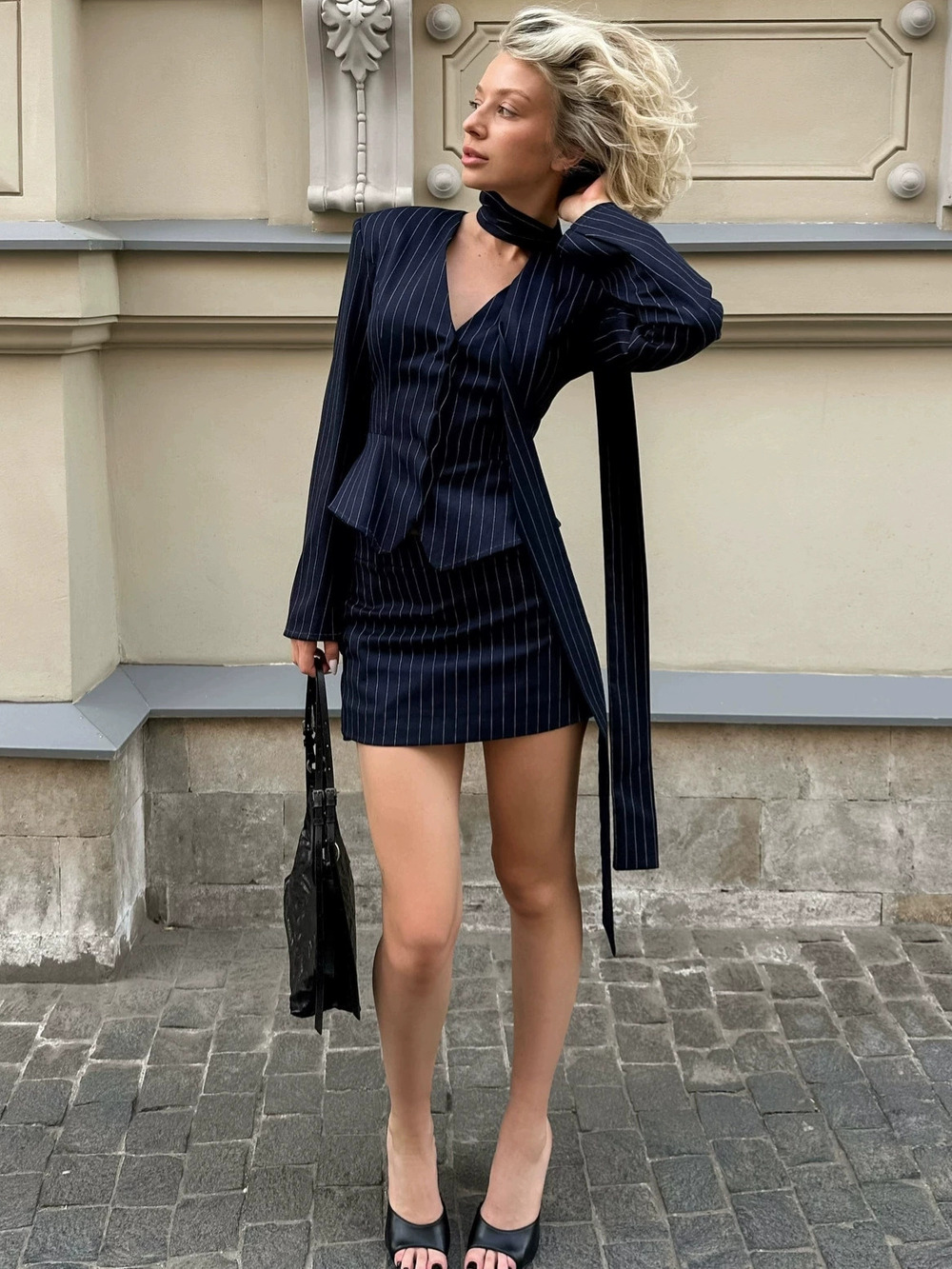 Zara Vintage Navy Striped Suit Fitted Blazer Bow Tie Collar Skirt